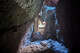 Beams of light shine down through Balconies Cave in Pinnacles National Park.