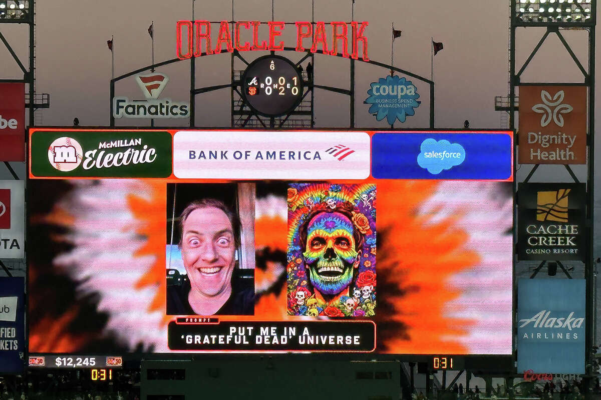 The San Francisco Giants had a 'Giants AI' segment, showing fans what they would look like in a Grateful Dead universe, on their scoreboard for in-game entertainment on Monday, Aug. 12, 2024 at Oracle Park in San Francisco.