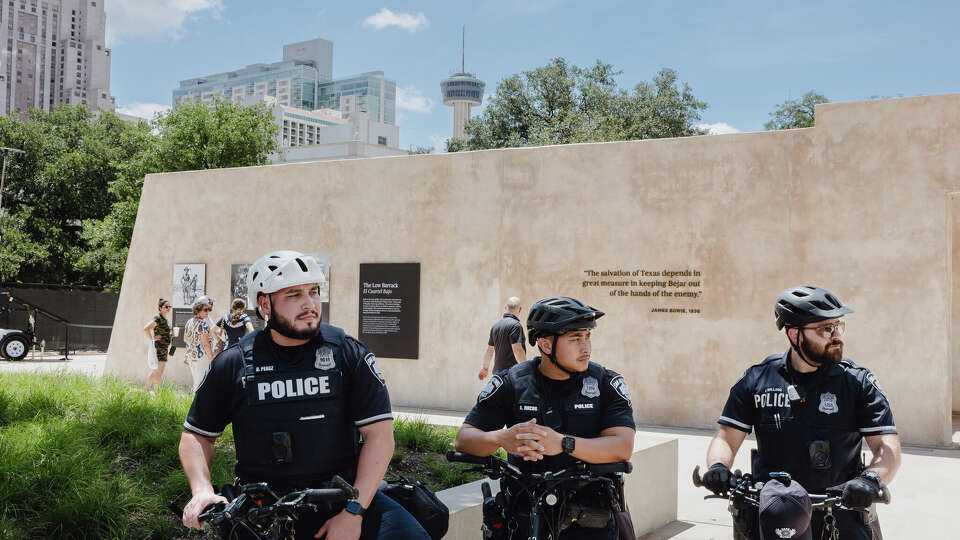 SAPD officers assigned to the Bike Patrol Unit were seen during their usual patrol in downtown on Friday, August 2, 2024, in San Antonio, Texas.