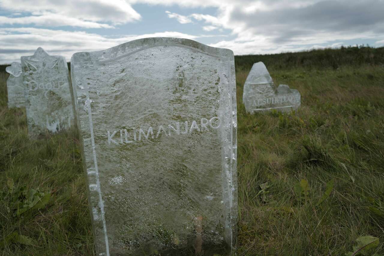 An ice headstone for the 'critically endangered' glacier that tops Mount Kilimajaro sits at world's first glacier graveyard, on the Seltjarnarnes peninsula near Reykjavík, Iceland on Saturday, August 17, 2024.