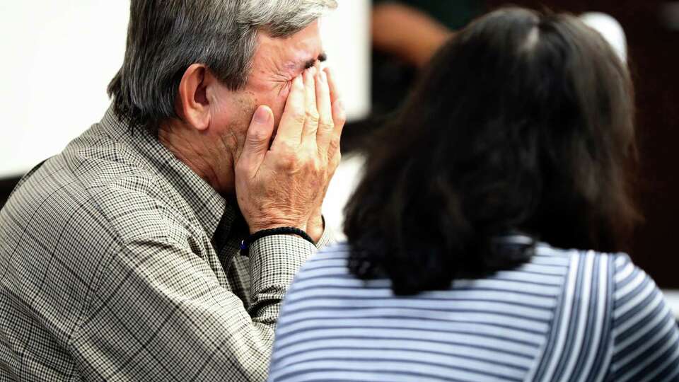 Antonios Pagourtzis, left, reacts as he and his wife, Rose Marie Kosmetatos listen to Galveston County Court No. 3 Judge Jack Ewing read the jury’s verdict Monday, Aug. 19, 2024, at the Galveston County Courthouse in Galveston, Texas.