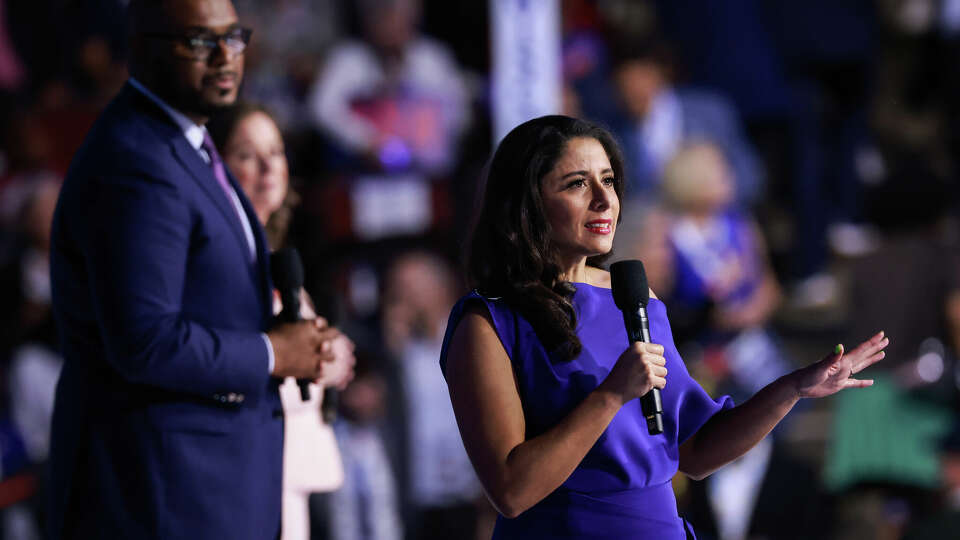 CHICAGO, ILLINOIS - AUGUST 19: Lina Hidalgo (R), Harris County, Texas judge, speaks onstage during the first day of the Democratic National Convention at the United Center on August 19, 2024 in Chicago, Illinois. Delegates, politicians, and Democratic party supporters are in Chicago for the convention, concluding with current Vice President Kamala Harris accepting her party's presidential nomination. The DNC takes place from August 19-22. (Photo by Joe Raedle/Getty Images)