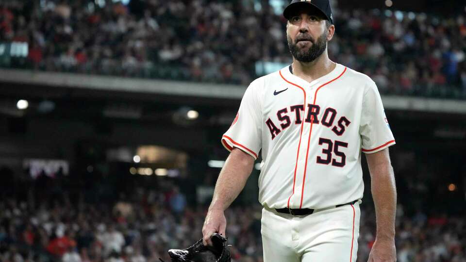 Houston Astros starting pitcher Justin Verlander (35) reacts after striking out Boston Red Sox Wilyer Abreu to end the top of the fifth inning of an MLB baseball game at Minute Maid Park on Wednesday, Aug. 21, 2024, in Houston.