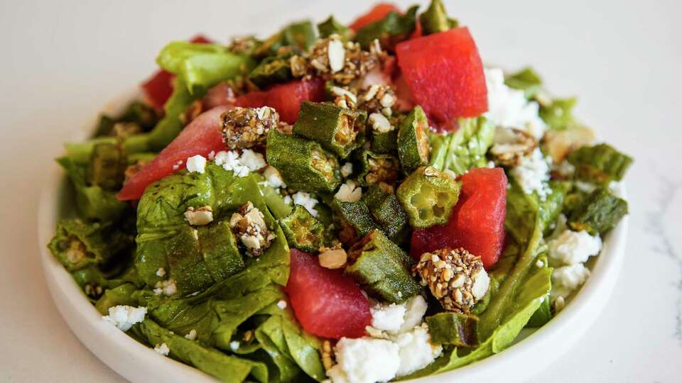 Seasonal salad with watermelon and okra photographed at Kriti Kitchen on Thursday, Aug. 22, 2024, in Houston.