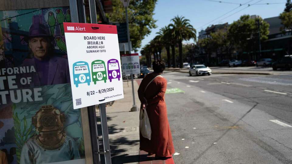 A sign near the Castro Station directing passengers to shuttles heading to the West Portal area in San Francisco on Sunday, Aug. 25, 2024.