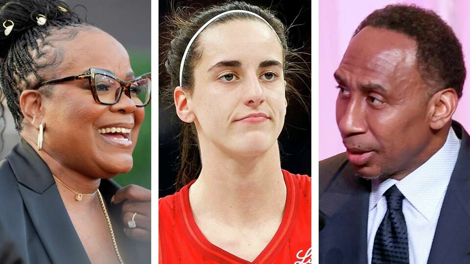 Basketball Hall of Famer Sheryl Swoopes (left) has found herself in a war of words with ESPN's Stephen A. Smith (right) over the Indiana Fever's Caitlin Clark (center).