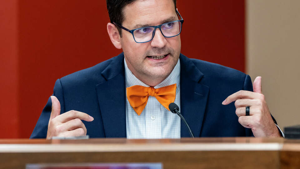 Trustee David Hamilton speaks during a Fort Bend ISD board meeting on Monday, August 26, 2024 in Sugar Land, TX. Trustees voted 5-2 to approve a library book policy, proposed by Mr. Hamilton, which allows the superintendent to have sole authority to remove content from library shelves. Critics have called it the “most restrictive (policy) in the state of Texas,” and warned that the policy could result in hundreds of books being taken off Fort Bend ISD library shelves. Hamilton, who is president of the board policy committee, said he began this crusade against explicit content in libraries when he was made aware of books that he felt were “objectively” unsuitable for school-aged children. He made many book challenges himself, where he compared some books to “used toilet paper” for students. Hamilton has posted copiously on his social media page. In one animated video he is described as a crusader against a “Groomer gang” of “Chicago Marxists” that were responsible for opposition to strict book ban policies like the one the FBISD board is considering.