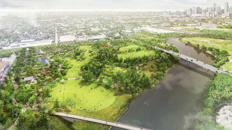 An aerial view of Tony Marron Park, which BBP envisions as the crown jewel of the East End with new entry gardens, sports fields, nature play areas, a picnic lawn and boat launch, barbecue plazas and pavilions to support a food truck court. 