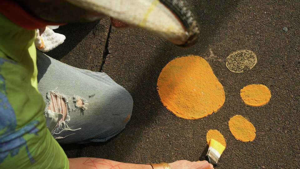 Emmanuel Nuño Arámbula touches up a paw print in front of Marshall Middle School on Tuesday, Aug. 27, 2024 in Houston.