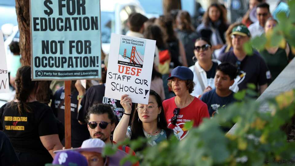 Unions representing SFUSD educators protest before school board meeting in San Francisco on Tuesday, August 27, 2024.