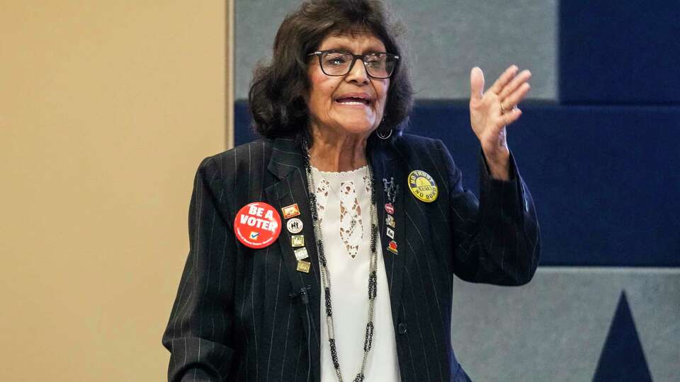 Carmen Nuncio speaks as Congresswoman Sylvia Garcia and other panelists held a town hall, where they took questions about the Houston ISD Board of Managers' decision to approve an election on the $4.4 billion bond at Harris County Education Department on Tuesday, Aug. 27, 2024, in Houston.