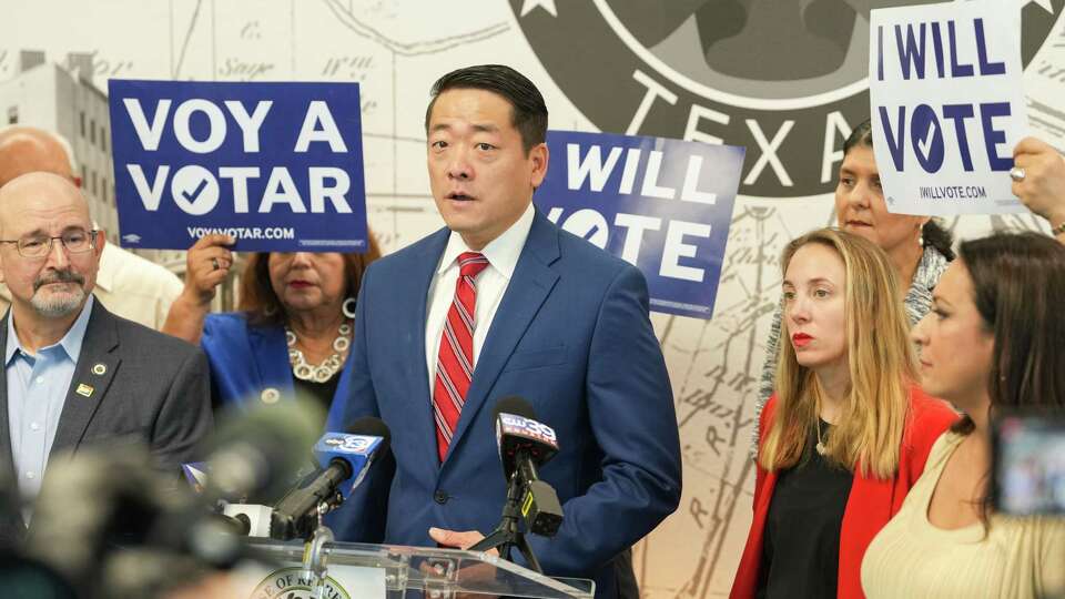 State Rep. Gene Wu, D-Houston, speaks during a press conference about voters having their registrations suspended ahead of the upcoming November election Thursday, Aug. 29, 2024, at a Harris County administration building in Houston.