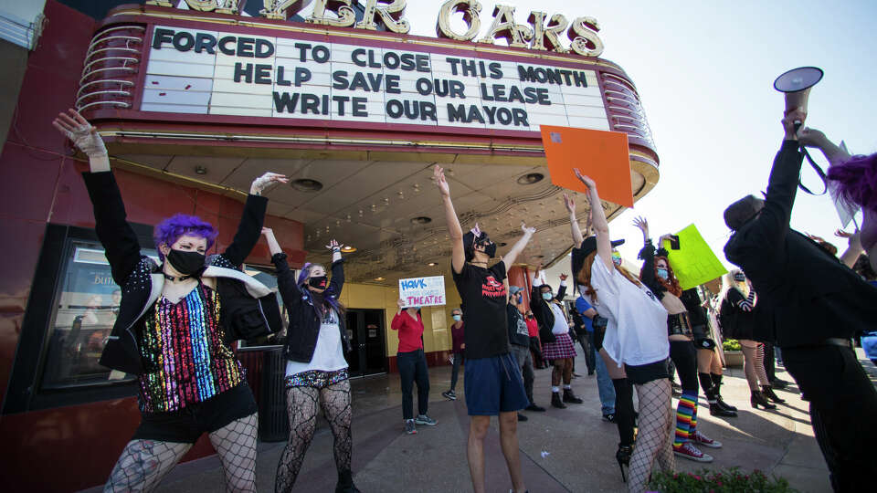 'Rocky Horror' diehards were integral in the effort to save the River Oaks Theatre from the wrecking ball. In this photo, fans and patrons of  do the 'Time Warp', from the 'Rocky Horror Picture Show,' as they demonstrate against the closure of the historic movie theater on March 7, 2021 in Houston.