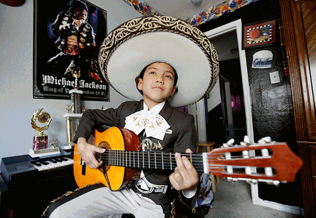 Sebastien Elijah De La Cruz, 8, or "El charro de oro" as he is known on stage, has been singing mariachi music since he was 5 and has given more than 100 live performances. He likes to make people happy with his music.
