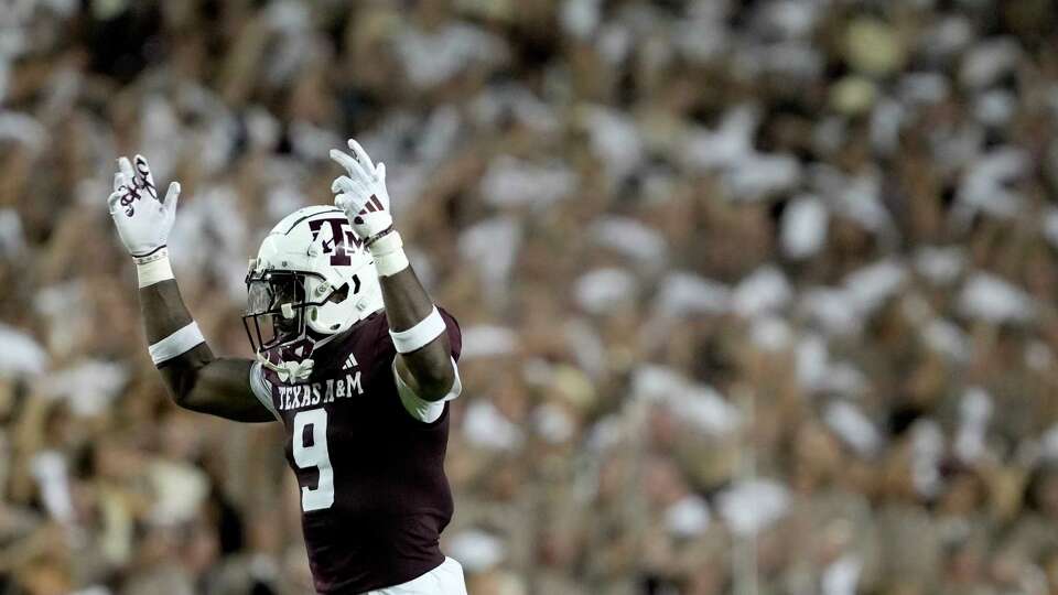 Texas A&M Aggies defensive back Trey Jones III (9) pumps up the crowd during the fourth quarter of a non-conference college football game at Kyle Field, Saturday, Aug. 31, 2024, in College Station.