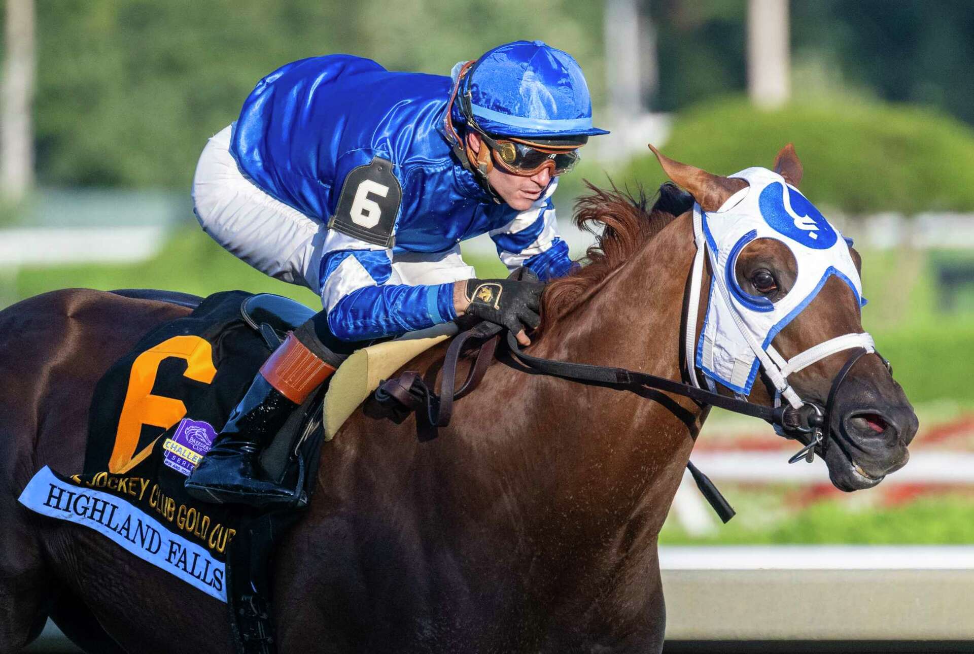 Flavien Prat rides Highland Falls to victory in Jockey Club Gold Cup