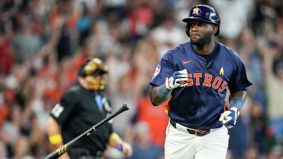 Houston Astros left fielder Yordan Alvarez (44) flips his bat after hitting a solo home run off Kansas City Royals starting pitcher Alec Marsh during the fourth inning of a Major League Baseball game on Sunday, Sept. 1, 2024, in Houston.