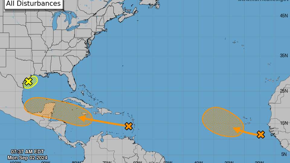 The National Hurricane Center was watching three areas of tropical activity, including a storm system near Houston, shown in yellow. But a system in the Caribbean, center, has much higher chances of developing into a tropical cyclone.