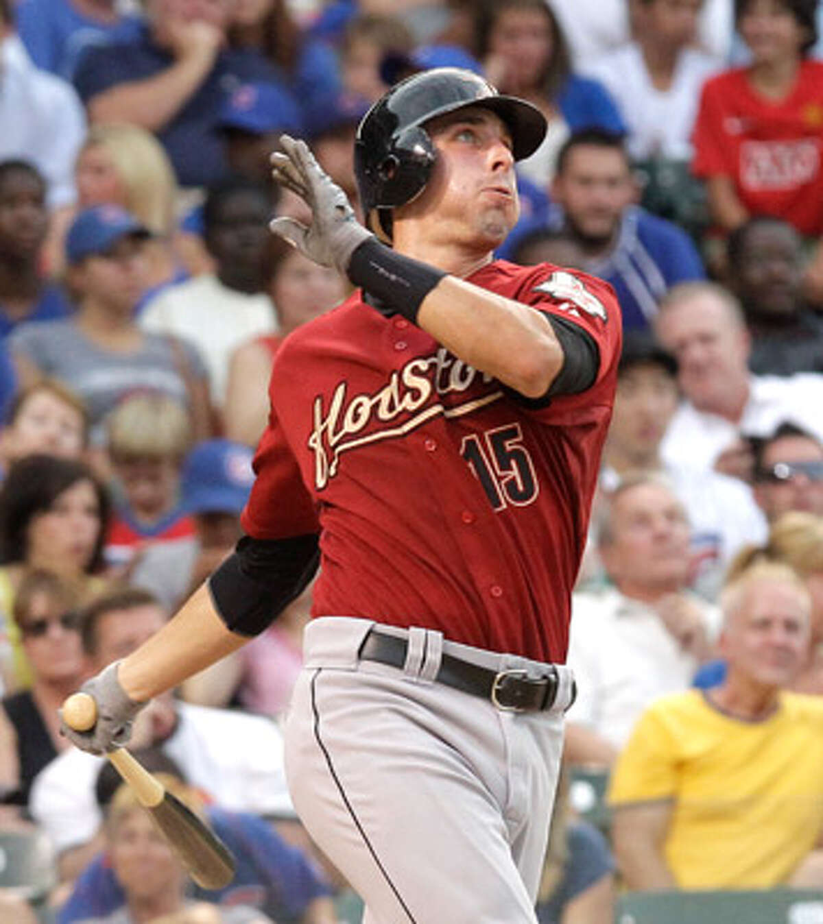 Astros catcher Jason Castro follows through on the second home run of his career.