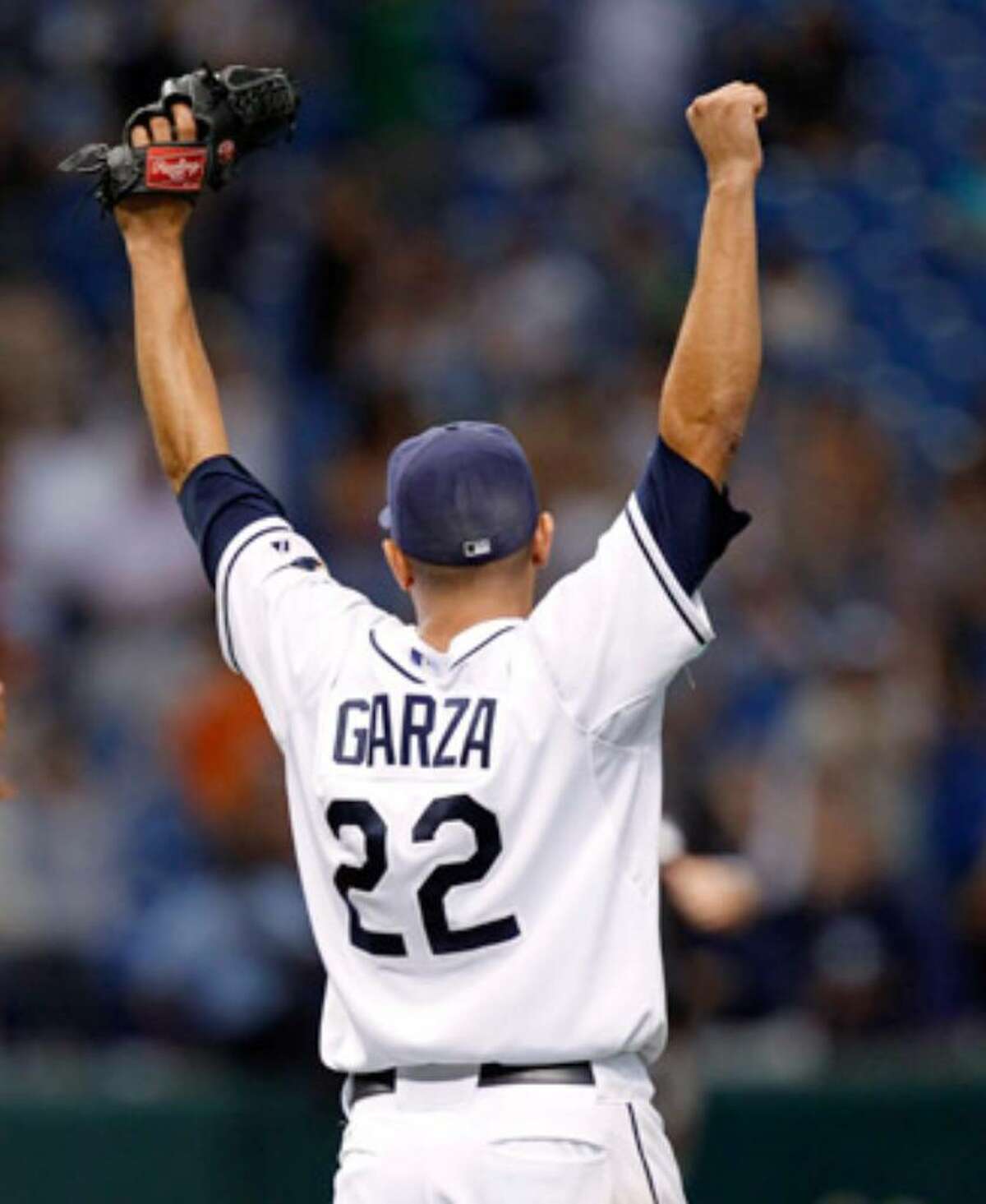 Tampa Bay’s Matt Garza celebrates the final out of his no-hitter Monday night. It was the fifth gem of the season.