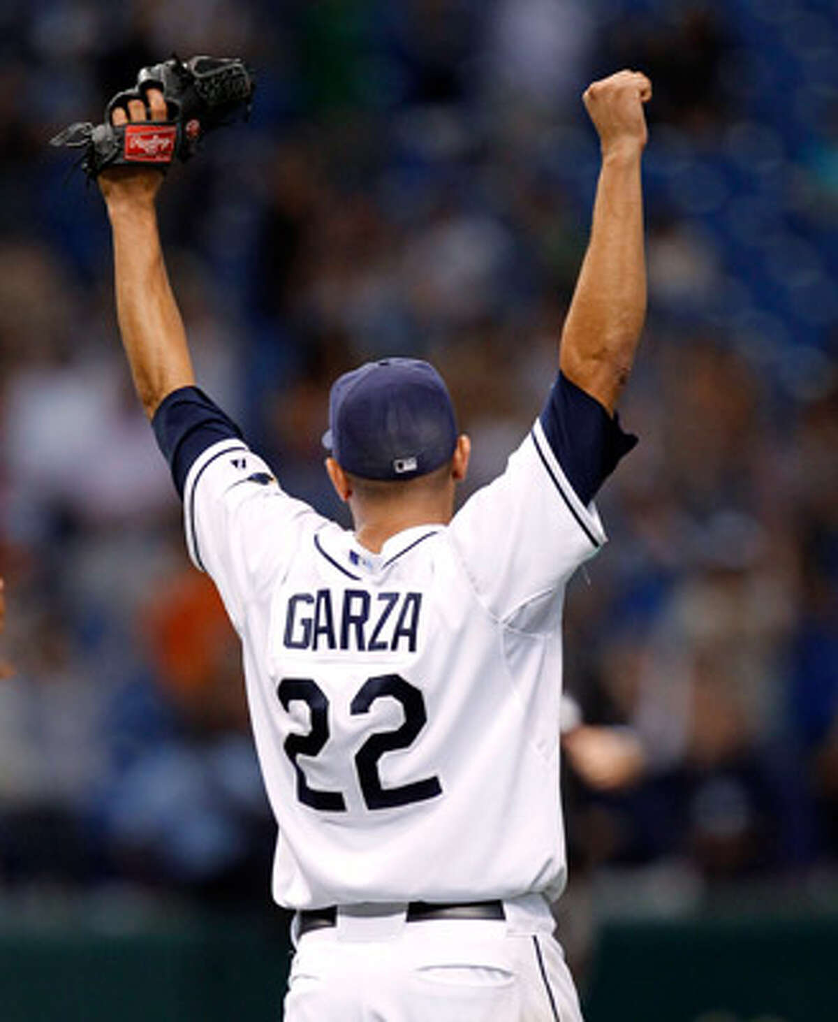 Tampa Bay?s Matt Garza celebrates the final out of his no-hitter Monday night. It was the fifth gem of the season.