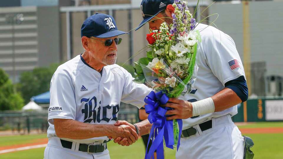 Rice coach Wayne Graham shakes hands with senior Rice outfielder Chace Sarchet (3) before the start of their last home game at Reckling Park Sunday, May 13, 2018, in Houston.