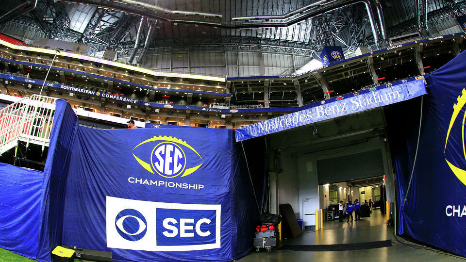 Signage inside the stadium for the SEC Championship Game between the UGA Bulldogs and the LSU Tigers on December 7, 2019 at the Mercedes-Benz Stadium in Atlanta, Georgia.