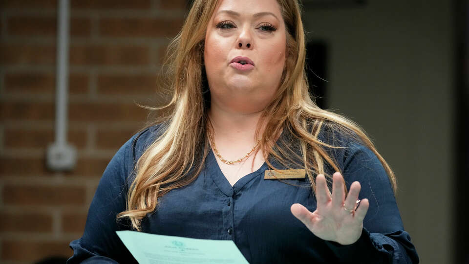 Julie Pickren, a member of the Texas State Board of Education, speaks favoring SB 763 during the public comment section during the Galveston ISD board meeting on Tuesday, Feb. 6, 2024 at Galveston ISD Support Center in Galveston. The board policy committee made of trustees discussed a resolution regarding the bill which allows districts the ability to employ chaplains on school campuses.