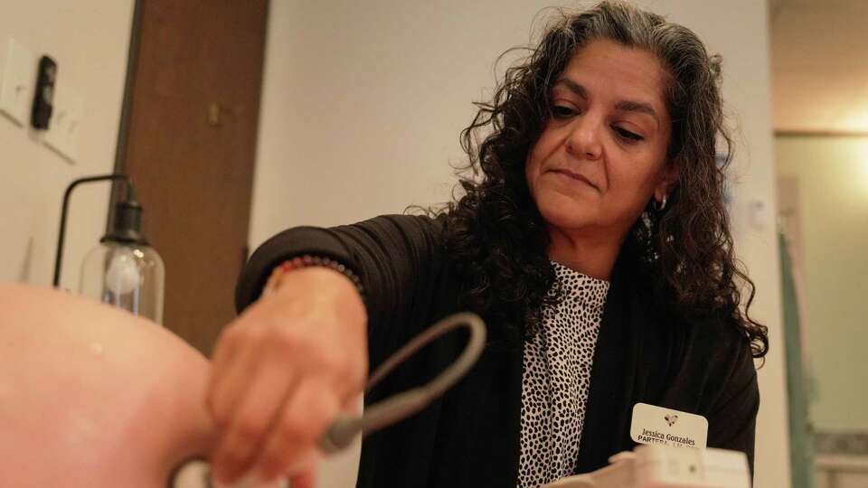 Midwife Jessica Gonzales is photographed during a regular check up with a patient at Heart of Houston birth center on Thursday, Sept. 5, 2024 in Houston.