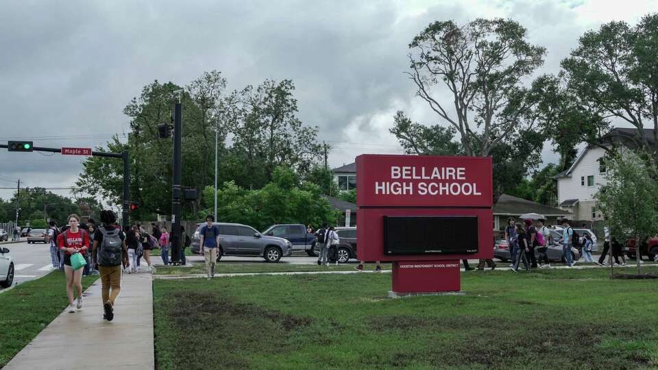 Students leave school for the day on Friday, Sept. 6, 2024 at Bellaire High School in Houston.