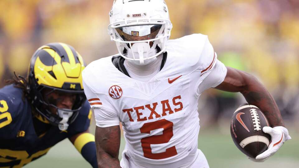 ANN ARBOR, MICHIGAN - SEPTEMBER 07: Matthew Golden #2 of the Texas Longhorns runs after catching a pass during the second quarter at Michigan Stadium on September 07, 2024 in Ann Arbor, Michigan.