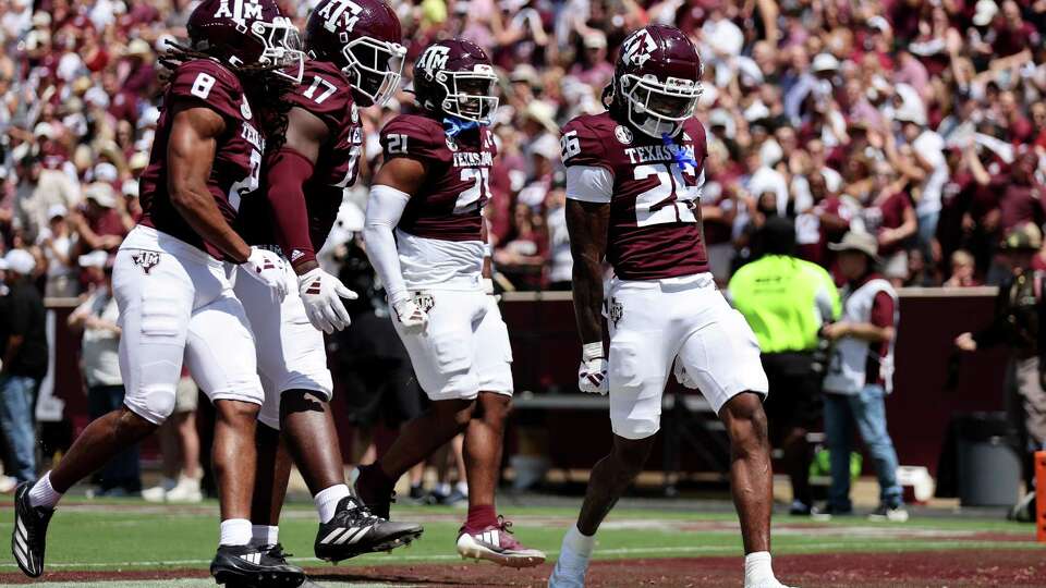 COLLEGE STATION, TEXAS - SEPTEMBER 07: Will Lee III #26 of the Texas A&M Aggies celebrates after an interception in the second quarter against the McNeese State Cowboys at Kyle Field on September 07, 2024 in College Station, Texas.