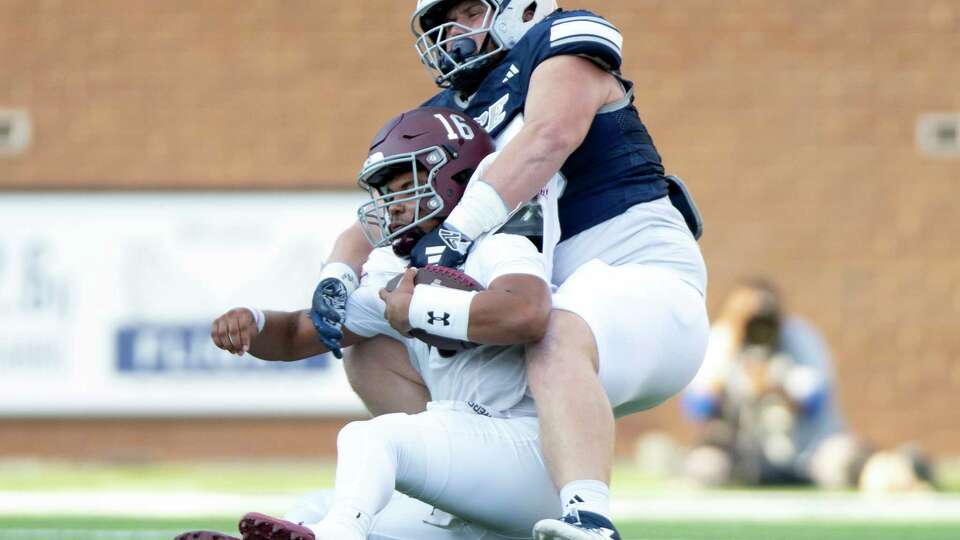 Rice defensive lineman Blake Boenisch (75) sacks Texas Southern quarterback Jace Wilson (16) during the first half of a non-conference NCAA college football game at Rice Stadium, Saturday, Sept. 7, 2024, in Houston.