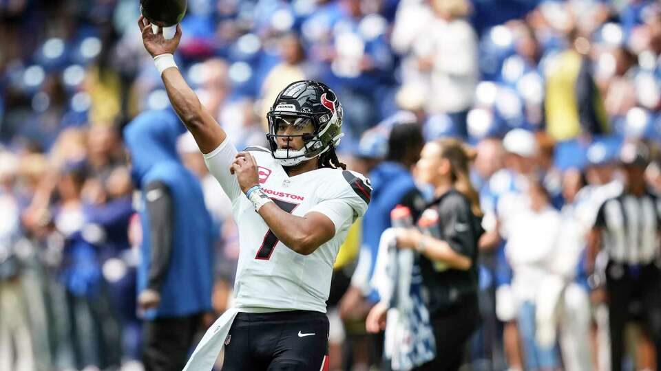 Houston Texans quarterback C.J. Stroud (7) throws the football before an NFL football game against the Indianapolis Colts Sunday, Sept. 8, 2024, in Indianapolis.