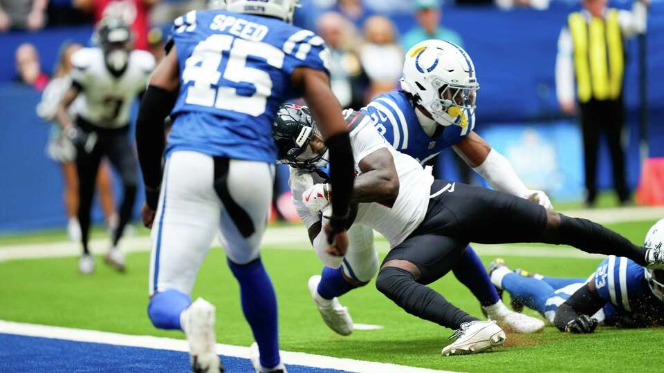 Houston Texans wide receiver Stefon Diggs (1) scores a 9-yard touchdown during the first half of an NFL football game at Lucas Oil Stadium, Sunday, Sept. 8, 2024, in Indianapolis.