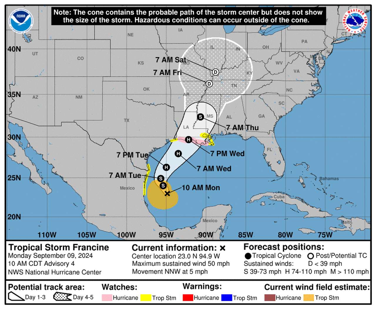 The National Hurricane Center’s latest projected path of Tropical Storm Francine shows it approaching Texas and Louisiana in the coming days.