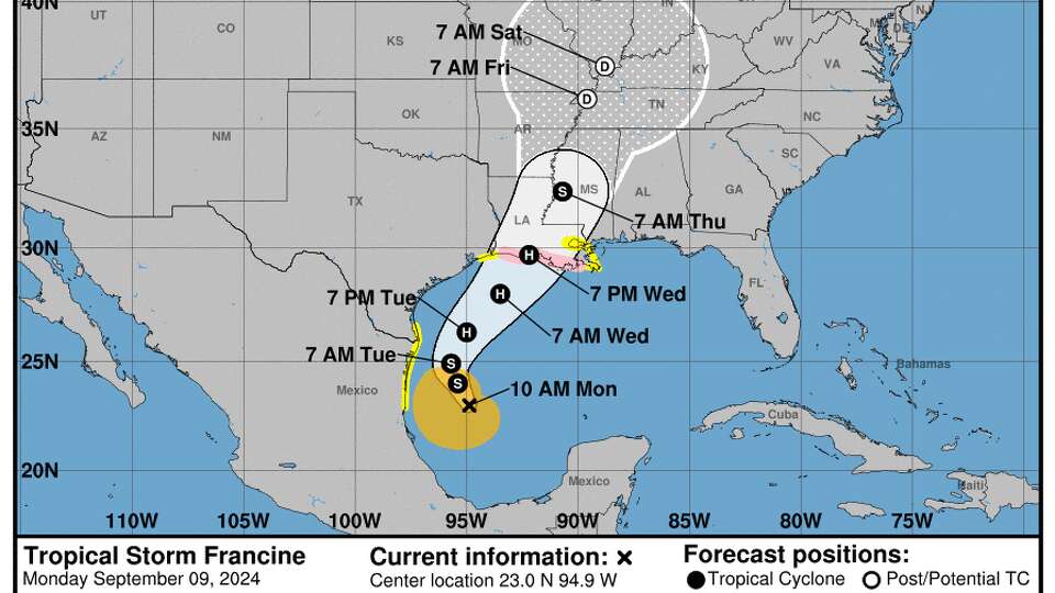 The National Hurricane Center’s latest projected path of Tropical Storm Francine shows it approaching Texas and Louisiana in the coming days.