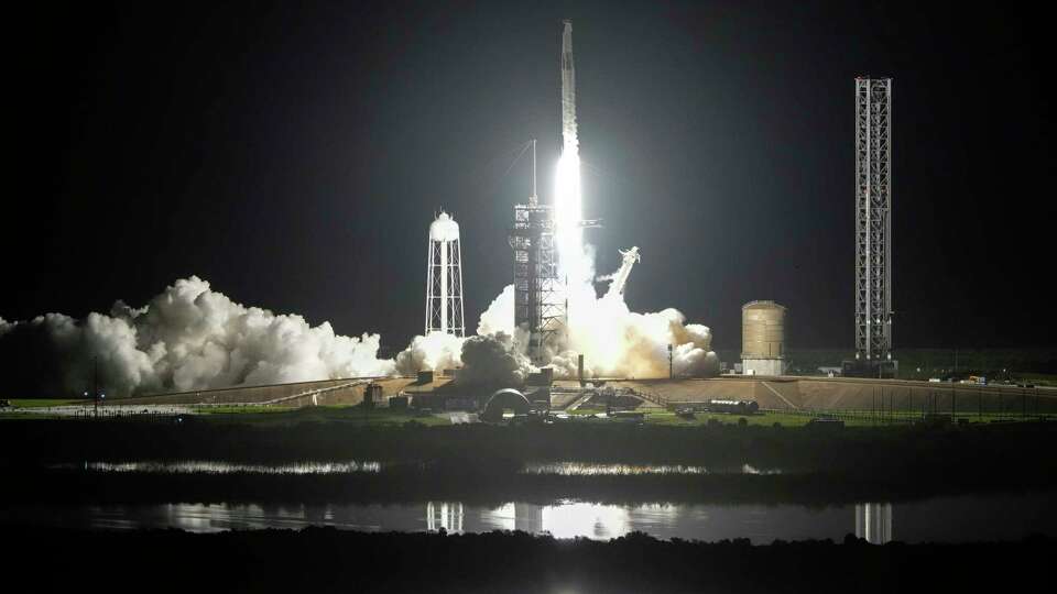 A SpaceX Falcon 9 rocket with a crew of four lifts off from pad 39A at the Kennedy Space Center in Cape Canaveral, Fla., Tuesday, Sept. 10, 2024. (AP Photo/John Raoux)