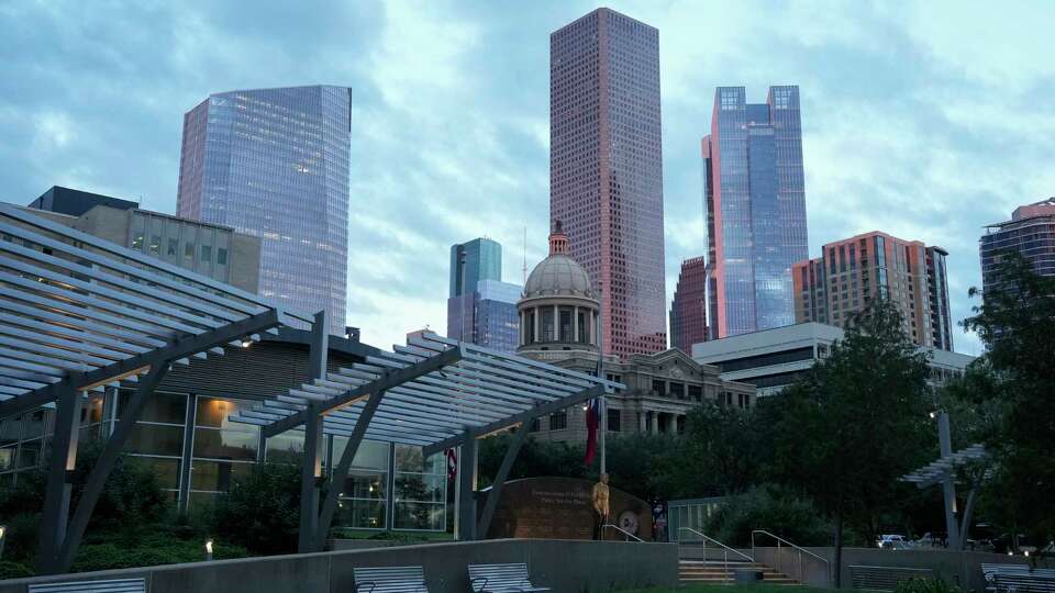 Commissioner El Franco Lee Public Service Plaza, the downtown skyline and the 1910 Harris County Courthouse are photographed Monday, Sept. 9, 2024 at in Houston.