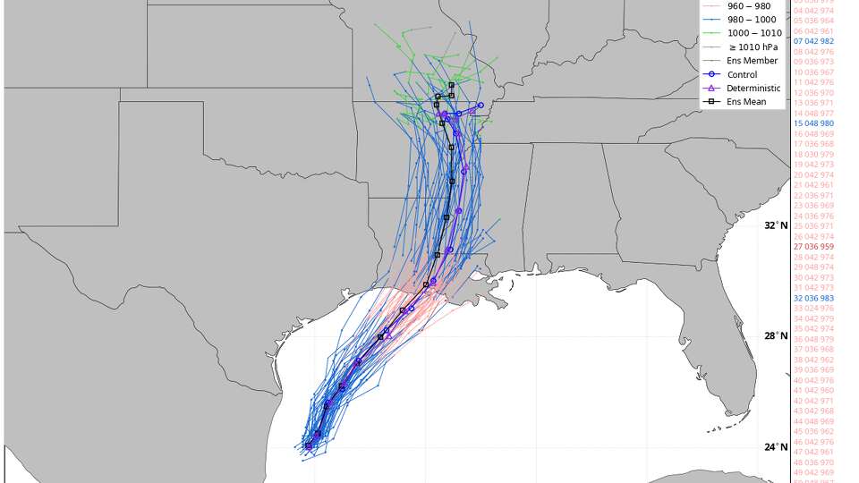 Shown is ECMWF ensemble spaghetti plot, which shows high confidence that Francine will make landfall in Louisiana. A slight shift is still possible from the center track, but a drastic shift back into Texas is not anticipated.