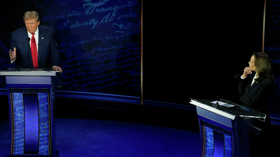 Republican presidential nominee former President Donald Trump and Democratic presidential nominee Vice President Kamala Harris participate during an ABC News presidential debate at the National Constitution Center, Tuesday, Sept.10, 2024, in Philadelphia.