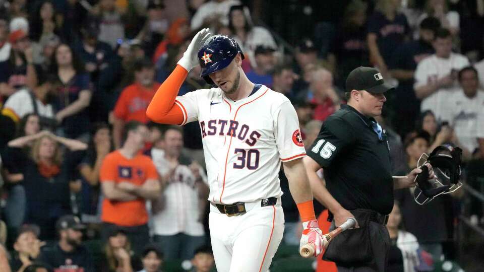 Houston Astros designated hitter Kyle Tucker (30) reacts as he struck out to end the the ninth inning of an MLB game at Minute Maid Park on Tuesday, Sept. 10, 2024, in Houston.