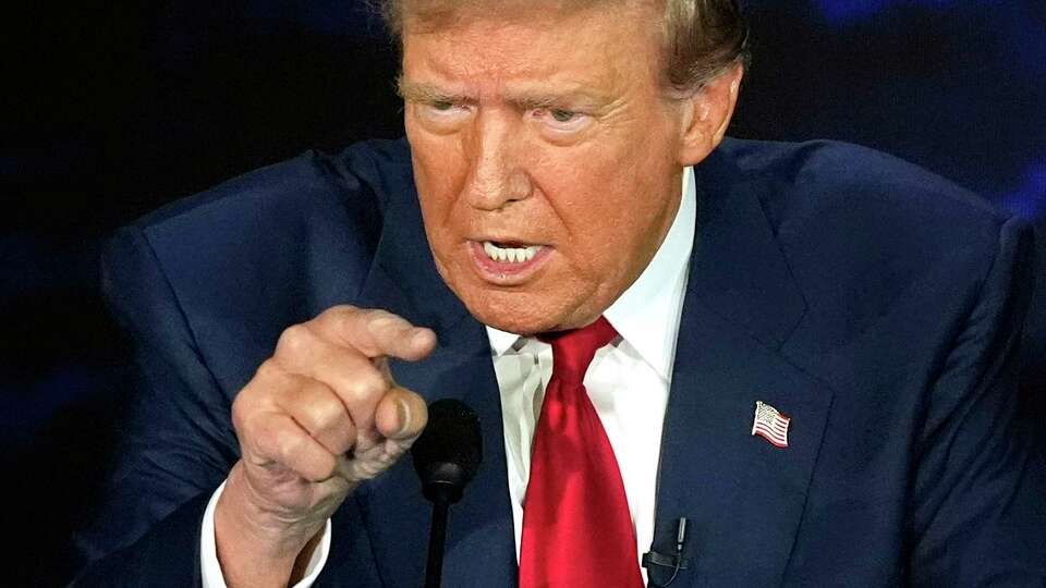 Republican presidential nominee former President Donald Trump speaks during a presidential debate with Democratic presidential nominee Vice President Kamala Harris at the National Constitution Center in Philadelphia, Tuesday, Sept. 10, 2024.