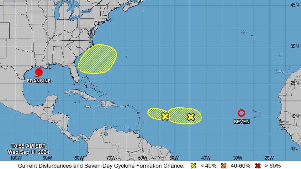 Tropical Depression Seven has formed in the eastern Atlantic Ocean, trailing behind two other nascent tropical systems. All were heading westward on Wednesday.