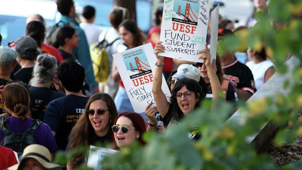 Unions representing SFUSD educators protest before school board meeting in San Francisco on Tuesday, August 27, 2024.