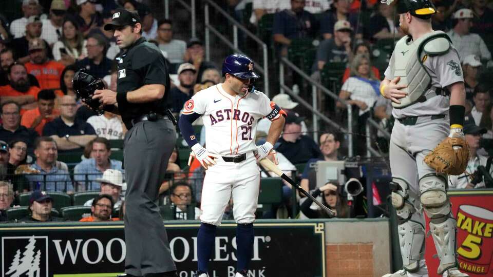 Houston Astros Jose Altuve (27) takes a moment during his at bat in the fifth inning of an MLB game at Minute Maid Park on Wednesday, Sept. 11, 2024, in Houston.