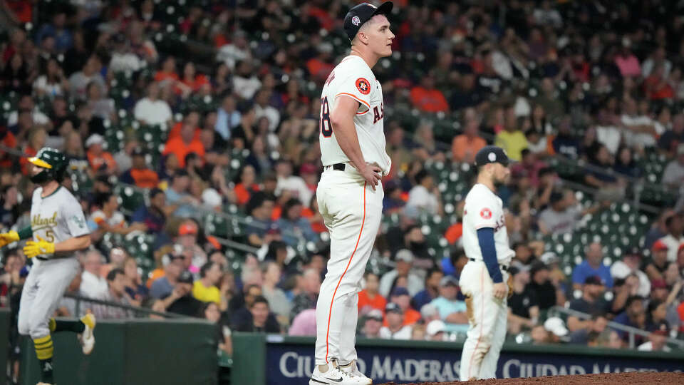 Houston Astros starting pitcher Hunter Brown (58) reacts after going up a two-run home run to Oakland Athletics Kyle McCann during the sixth inning of an MLB game at Minute Maid Park on Wednesday, Sept. 11, 2024, in Houston.