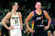 Indiana Fever guard Caitlin Clark (22) and Phoenix Mercury guard Diana Taurasi (3) laugh during the first half of a WNBA basketball game Sunday, June 30, 2024, in Phoenix. (AP Photo/Ross D. Franklin)