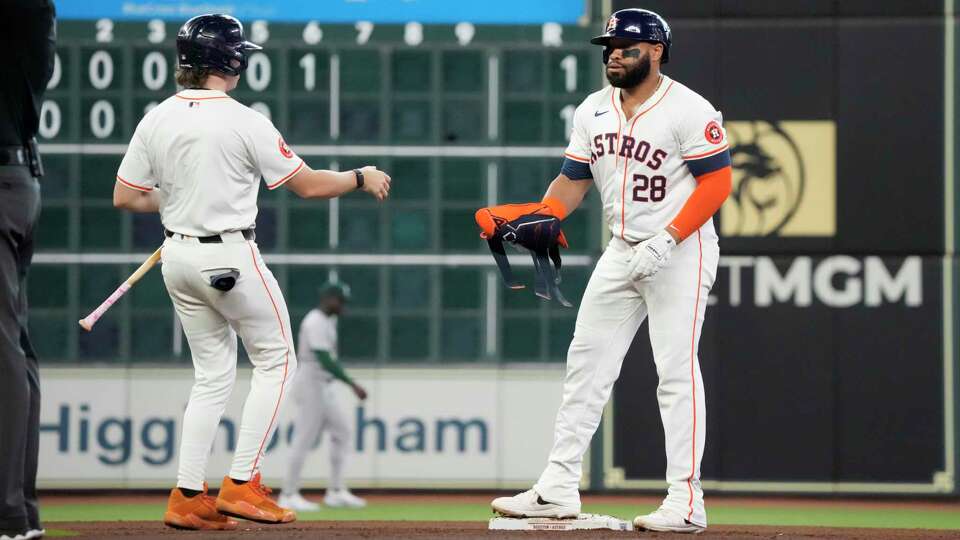 Houston Astros Jon Singleton (28) after hitting a ground-rule double during the second inning of an MLB game at Minute Maid Park on Thursday, Sept. 12, 2024, in Houston.