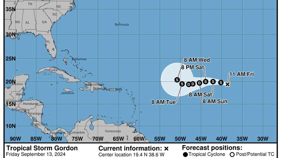 The latest forecast track for Tropical Storm Gordon on Friday from the National Hurricane Center.